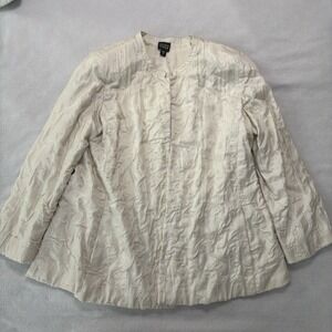 Eileen Fisher Crinkle Jacket Women's M Cream 100% Silk Open Cardigan Pockets